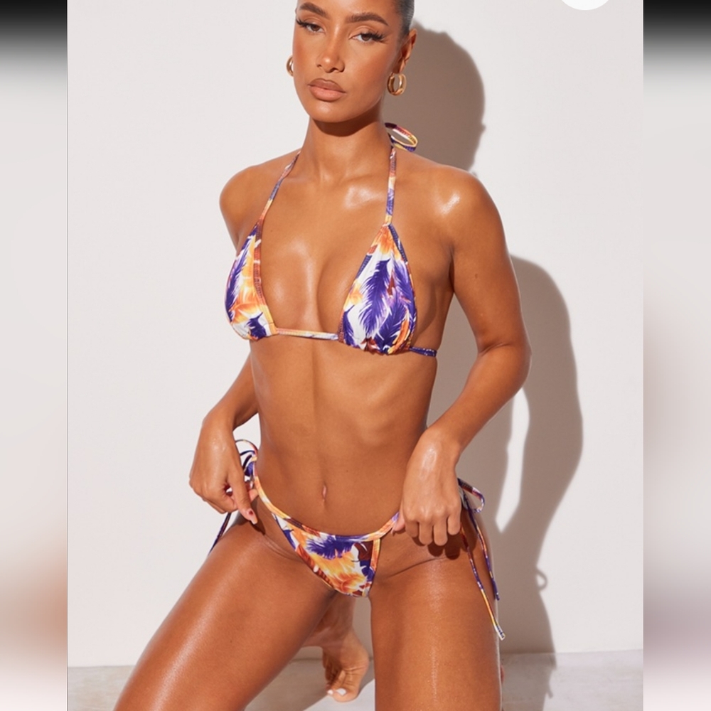 Pretty Little Thing Purple Shadow Leaf Printed Triangle Bikini Bottom